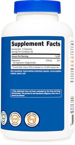 Cápsulas de Magnésio Glicinato (180 Cápsulas, 210 mg de Magnésio Glicinato por Porção) – Suplemento de Magnésio Glicinato para Absorção Suave - Nutricost