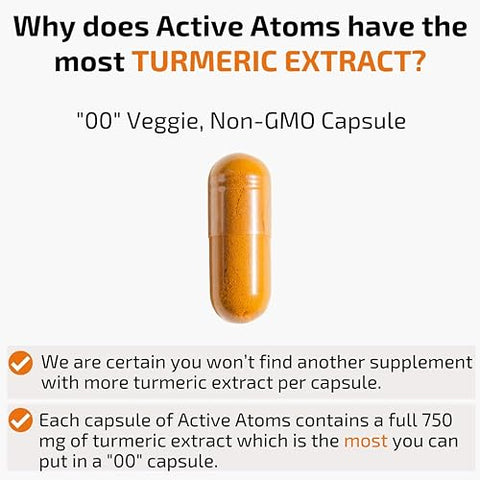 Active Atoms - Extrato de Cúrcuma, Extra Forte com BioPerine® Pimenta Preta 750 mg de Extrato de Cúrcuma por Cápsula 00″, Padronizado em 95% de Curcuminoides, Não-OGM, 60 Cápsulas Vegetarianas Fornecimento de 60 Dias
