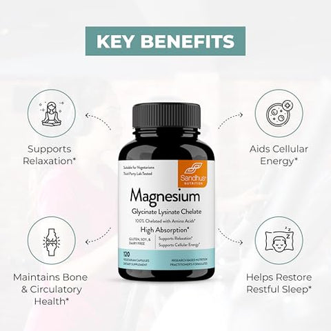 Sandhu's - Sandhu’s Magnésio Glicinato Lisinato | 120 Cápsulas Veganas Queladas Fáceis de Engolir | Suplemento de Quelato de Lisina de Magnésio para Alta Absorção | para Melhor Sono, Cãibras nas Pernas