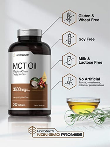 Keto MCT Oil Pills | 3600mg | 300 Softgels | Cápsulas de Óleo de Coco | Fórmula Livre de OGM e Glúten | Suplemento de Alta Potência e Tamanho Grande - Horbäach