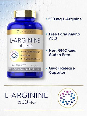 L-Arginina 500mg Cápsulas | 240 Unidades | Livre de Transgênicos | Forma Livre - Carlyle