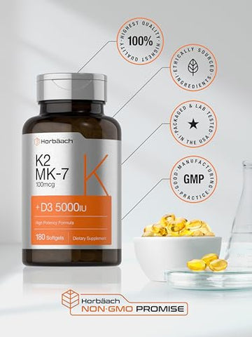 Vitamina D3 K2 | 5000 UI de Vitamina D | 60 Cápsulas | Saúde Óssea e Imunidade - Horbäach