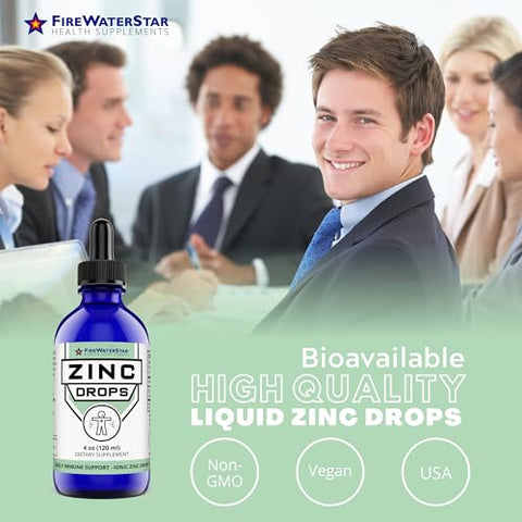 FIREWATERSTAR HEALTH SUPPLEMENTS - FWS Liquid Zinc – Gotas de Zinco Líquido – Suporte Imunológico para Adultos e Crianças – Orgânico, Não-OGM, Vegano – 45mg – Reforce seu Sistema Imunológico, Apoie uma Pele Saudável e Promova