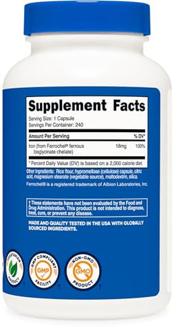 Ferrochel 18mg – 240 Cápsulas – Sem Glúten, Não Transgênico – Quelato de Ferro – Suplemento de Ferro Chelado - Nutricost