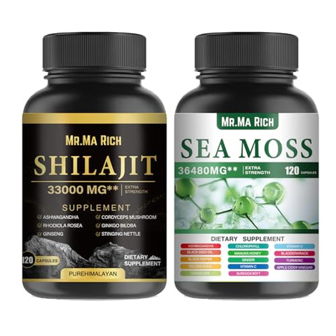 Mr.Ma Rich - Pacote de Cápsulas de Sea Moss e Shilajit, Ashwagandha Rhodiola Rosea Ginseng Cordyceps Mushroom Ginkgo Biloba Stinging Nettle Magic Moss Blendim Black Seed Turmeric Bladderwrack – 100% Natural e Potente