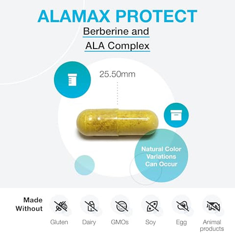 ALAmax Protect – Complexo de Suplemento de Berberina e ALA – Ácido Alfa-Lipóico com Berberina HCI Biotina para Apoiar a Saúde Cardiometabólica (120 Cápsulas) - XYMOGEN