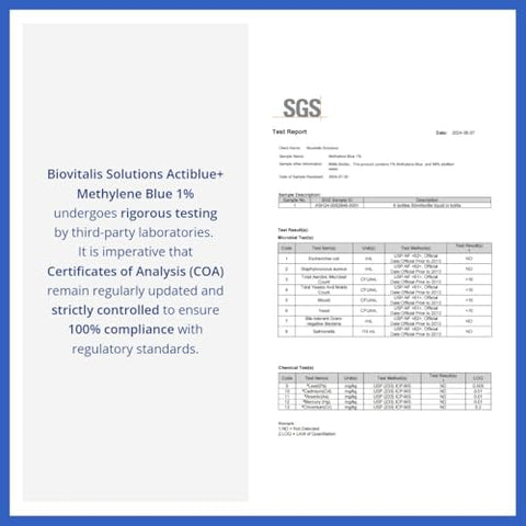 Biovitalis Solutions - Actiblue Methylene Blue 1%: Grau Farmacêutico Certificado ISO Testado por Laboratório Terceirizado 99,9% Sem Formaldeído Sem Álcool Sem Glúten – Compre Agora!