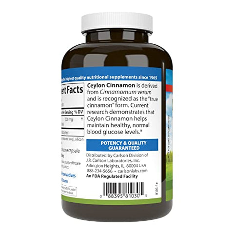 Cápsulas de Canela do Ceilão, Suplemento de Canela, 500 mg, Extrato de Canela em Cápsulas, Cápsulas de Canela do Ceilão, 180 cápsulas - Carlson