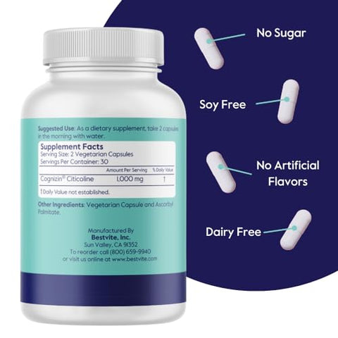 Cognizin 500mg (120 Cápsulas Vegetarianas) (60×2) – Estudo Clínico de Choline Nootropic Premium – Sem Estearatos – Vegano – Não Transgênico – Livre de Glúten – Suplementos para o Cérebro - BESTVITE