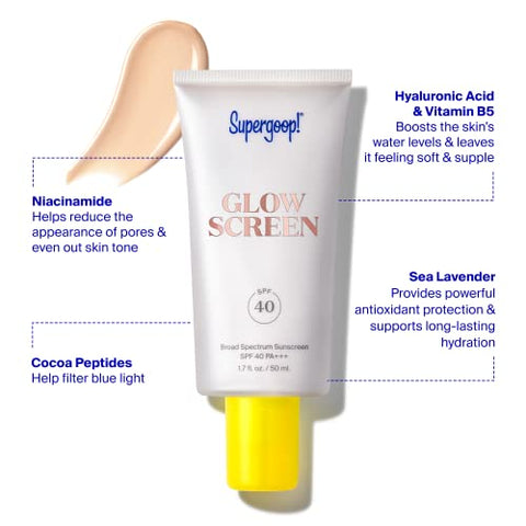 Glowscreen (FPS 40) – 15 ml – Primer Iluminador Protetor Solar de Amplo Espectro – Adiciona Brilho Instantâneo – Ajuda a Filtrar a Luz Azul – Aumenta a Hidratação com Ácido Hialurônico - Supergoop!