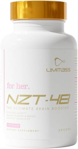 Premium Brain Booster para Mulheres – Suplemento Cerebral Feminino – Suplemento para Memória, Concentração e Energia Natural – Cafeína, AcetvI-L-Carnitina, Vitaminas B6 B12, 30 Porções - NZT-48