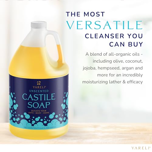 Yareli - YARELI Sabonete Líquido Puro de Castela, Sem Perfume, com Óleos Orgânicos, 64oz (1892ml), para Adultos, Crianças e Bebês para Banho, Corpo e Casa