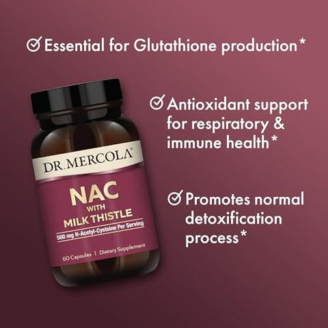 NAC com Cardo de Leite – 30 Porções (60 Cápsulas) – 500 mg N-Acetilcisteína – Suporte Desintoxicação – Não-OGM - Dr. Mercola
