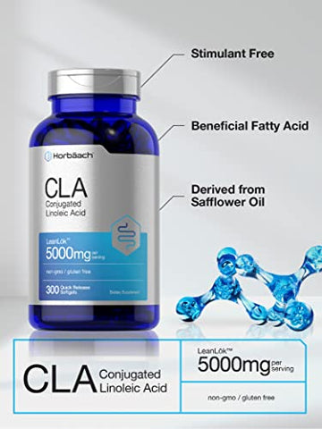 Suplemento Horbäach CLA | 300 Cápsulas Softgel | Potência Máxima | Ácido Linoleico Conjugado de Óleo de Cártamo | Livre de OGM, Sem Glúten