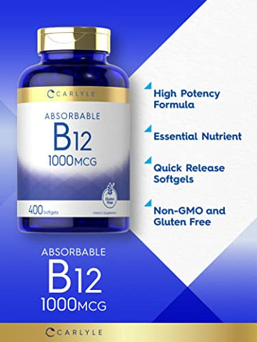 Vitamina B12 Absorvível 1000mcg | 400 Softgels | Sem OGM e Livre de Glúten | Marca Carlyle - Carlyle