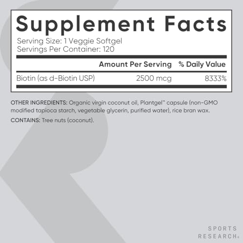 Vegan Biotin 2500mcg com Óleo de Coco Orgânico – Biotina Extra Forte Vitamina B7 para Cabelos Mais Saudáveis – 60 cápsulas - Sports Research