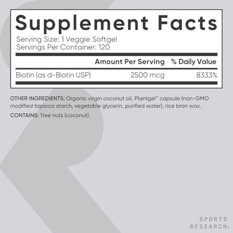Vegan Biotin 2500mcg com Óleo de Coco Orgânico – Biotina Extra Forte Vitamina B7 para Cabelos Mais Saudáveis – 60 cápsulas - Sports Research