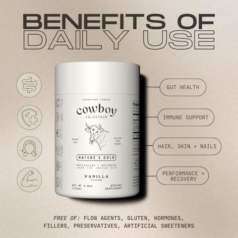 COWBOY COLOSTRUM - Pó de Colostro Bovino – O Exclusivo Primeiro Leite Materno Integral – Suplemento de Colostro Alimentado com Grama para Saúde Intestinal, Imunidade e Pele