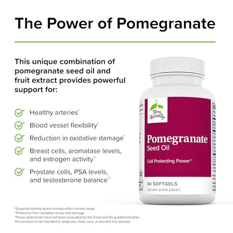 Óleo de Semente de Romã Terry Naturally – 60 Softgels – Poder Protetor Celular – Não-OGM, Livre de Glúten – 60 Porções