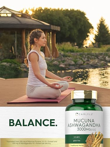 Mucuna com Ashwagandha | 3000mg | 250 Cápsulas | Suplemento de Mucuna Pruriens | Vegetariano, Não-OGM, Sem Glúten - Carlyle