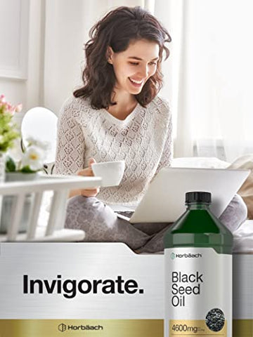 Óleo de Semente Preta Líquido 473ml | 4600mg | Suplemento de Nigella Sativa Prensado a Frio | Vegetariano, Não-OGM, Sem Glúten, Fórmula Livre de Solventes - Horbäach