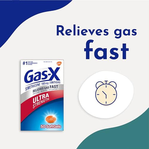 Ultra Strength Alívio de Gases em Cápsulas Softgels com Simeticona 180 mg para Alívio de Inchaço – 50 Unidades - Gas-X