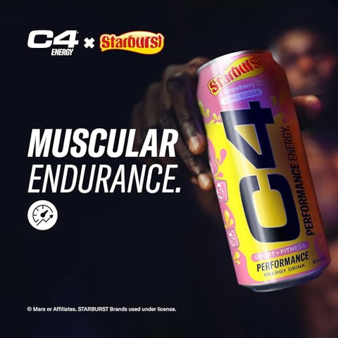 Cellucor - C4 Performance Energy Drink, STARBURST™ Morango, Bebida Pré-Treino Gaseificada Sem Açúcar e Corantes Artificiais (Pack com 12 unidades de 473 ml)