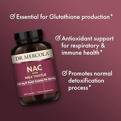 NAC com Cardo de Leite, 90 Porções (180 Cápsulas), 500 mg de N-Acetil-Cisteína por Porção, Suplemento Alimentar, Suporta Processos Normais de Desintoxicação, Não-OGM - Dr. Mercola