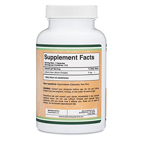 Double Wood Supplements - Lítio Orotate 5mg, 210 Cápsulas (Testado por Terceiros, Vegano, Não-OGM) para uma Mente Mais Calma, Humor Mais Equilibrado e Melhor Descanso à Noite –