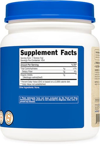 Pó de Alfafa Orgânica 454g – Certificado USDA 100% Orgânico, Vegetariano, Não-OGM, Livre de Glúten - Nutricost