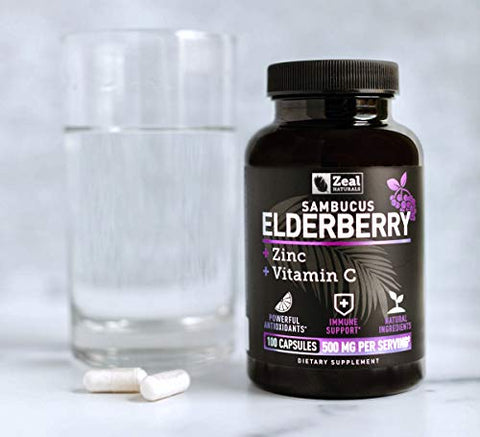 Cápsulas de Sabugueiro Max Strength com Zinco e Vitamina C | 500mg para Suporte ao Sistema Imunológico com Sabugueiro Negro Sambucus | 100 Unidades | Suporte Imunológico 3 em 1 para Adultos - Zeal Naturals