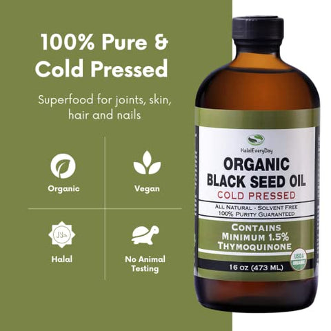 Óleo de Semente Preta Orgânico HalalEveryDay – Certificado pelo USDA, Extraído a Frio em Frasco de Vidro 473ml – Mais de 1,5%% de Timoquinona, Cominho Preto Turco Nigella Sativa não-OGM, 100%% Puro Óleo de Semente Preta