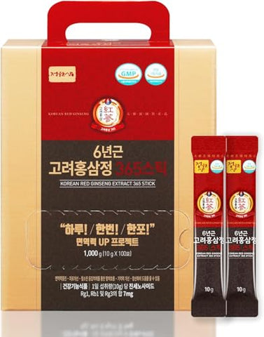 JUNGWONSAM - 6 Anos de Extrato de Ginseng Vermelho Coreano 365 | 100 Sticks | Vegano | 7mg de Ginsenosídeos por Stick | Energia, Concentração, Fadiga, Suporte Imunológico | Suplemento Diário de Vitalidade para Homens