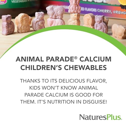 Natures Plus - NaturesPlus Animal Parade Calcium – Sabor Sundae de Baunilha – 90 Comprimidos Mastigáveis em Formato de Animais – Favorece Ossos Saudáveis – Vegano, Sem Glúten – 90 Porções Totais