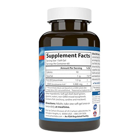 Elite DHA Gems, 1000 mg DHA, Captura Selvagem, Fonte Sustentável, Função Cerebral - Carlson