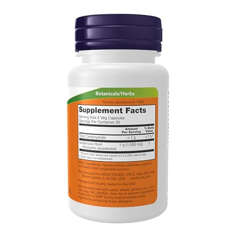 NOW Foods - NOW Supplements, Raiz de Goldenseal (Hydrastis canadensis) 500 mg, Cápsulas Vegetais 50 Unidades