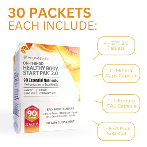 On-The-Go Healthy Body Start Pak 2.0 – Inclui Multi-Vitaminas, Minerais, EFAs | Embalagem Prática | Marca Youngevity - Youngevity