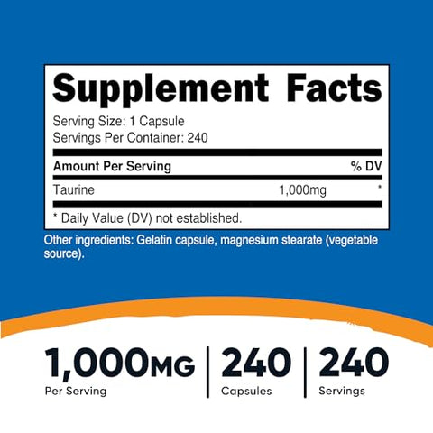 Taurina 1000mg Cápsulas, 240 Unidades por Frasco, Sem OGM - Nutricost