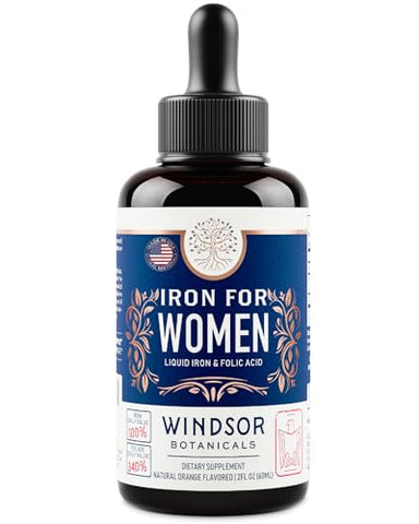 WINDSOR BOTANICALS - Suplemento Líquido de Ferro para Mulheres 2-Pack – Ácido Fólico, Vitamina C, Suplementos Líquidos Veganos de Ferro para Anemia, Menstruação, Suporte à Gravidez – Gotas Líquidas de Ferro Sabor Laranja – 2x60ml