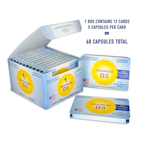 Maximum D3 - Caixa de 13.000 UI, 60 Cápsulas Total (12 Cartelas/Caixa x 5 Cápsulas por Cartela), Fornecimento de 60 Semanas [Embalagem Pode Variar]