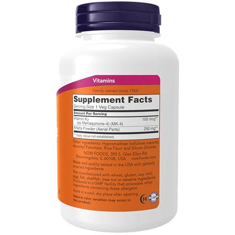 Suplementos, Vitamina K-2 100 mcg, Menaquinona-4 (MK-4), Suporte à Saúde Óssea, 250 Cápsulas Vegetais - NOW Foods
