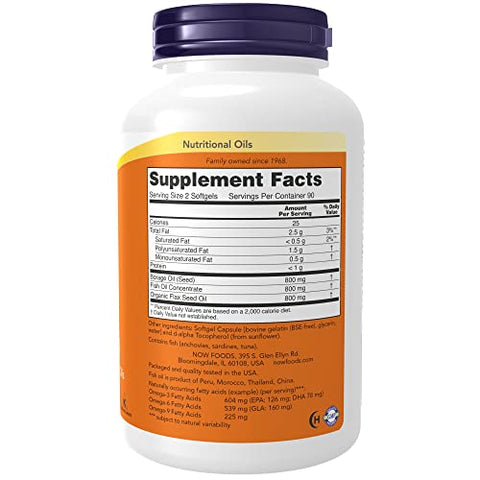 Suplementos, Super Ômega 3-6-9 1200 mg com uma mistura de Óleos de Peixe, Borragem e Linhaça, 180 Softgels - NOW Foods