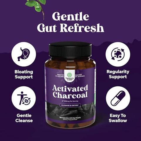 Natures Craft - Cápsulas de Carvão Ativado para Limpeza e Desintoxicação – Pílulas Detox Purificadoras 1200mg Pó de Carvão de Coco – Alívio Inchaço e Limpeza do Corpo – Ativo