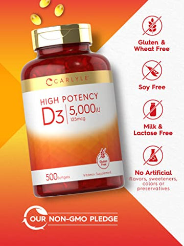 Vitamina D3 5000 UI Cápsulas Softgels | 500 Unidades | Tamanho Econômico | Suplemento Sem OGM e Glúten | Fórmula de Alta Potência | 125mcg - Carlyle