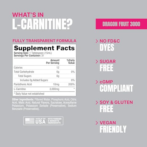 L-Carnitine 3000 – Shots Líquidos Estimulantes Sem Cafeína para Homens e Mulheres – Bebida para Treino, Performance e Recuperação Muscular (31 Porções, Fruta do Dragão) - PROSUPPS