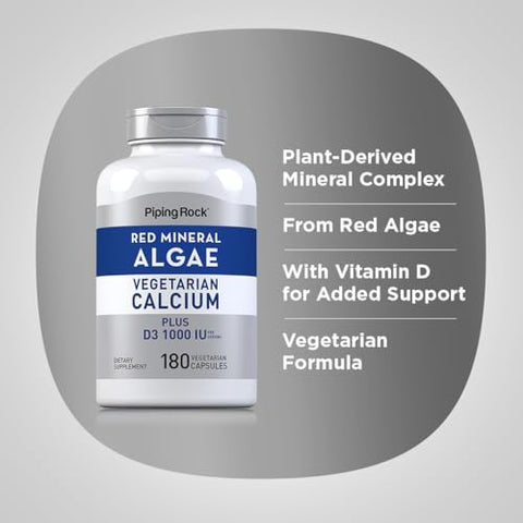Alga Mineral Vermelha | Cálcio Vegetariano | 180 Cápsulas | Base Vegetal + Minerais Traços | D3 1000 UI | Suplemento Sem OGM e Glúten - Piping Rock