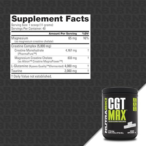 CGT-MAX em Pó – Creatina, Glutamina e Taurina para Recuperação Muscular e Força – 40 Porções – Sem Sabor - NutraBio