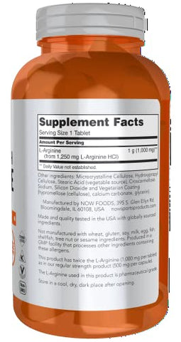 Sports Nutrition L-Arginine Double Strength 1000mg – Precursor de Óxido Nítrico, Aminoácidos, 180 Tabletes - NOW Foods