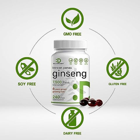 DEAL SUPPLEMENT - Extrato de Raiz de Ginseng Vermelho Coreano Panax, 7.500mg por Porção, 240 Softgels – 150mg de Ginsenosídeos Ativos