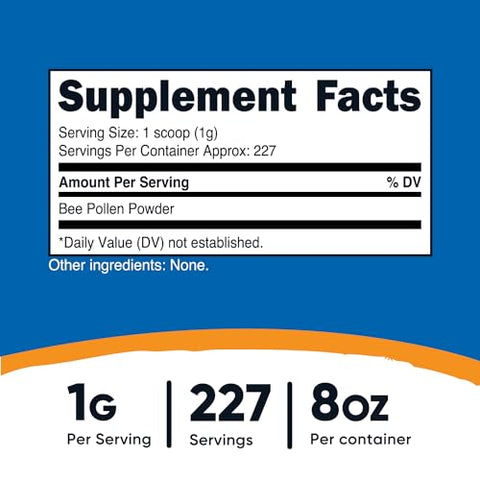 Pó de Pólen de Abelha (227 Porções) – Sem Glúten, Não-OGM, Vegetariano – 8 oz (227g) - Nutricost